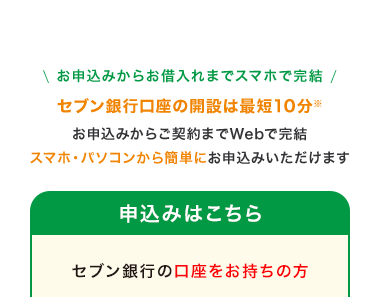 \ お申込みからお借入れまでスマホで完結 /
セブン銀行口座の開設は最短10分 ※
お申込みからご契約までWebで完結
スマホ・パソコンから簡単にお申込みいただけます
申込みはこちら
セブン銀行の口座をお持ちの方